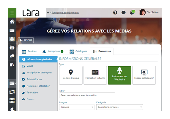Interface Lära LMS type d'activité